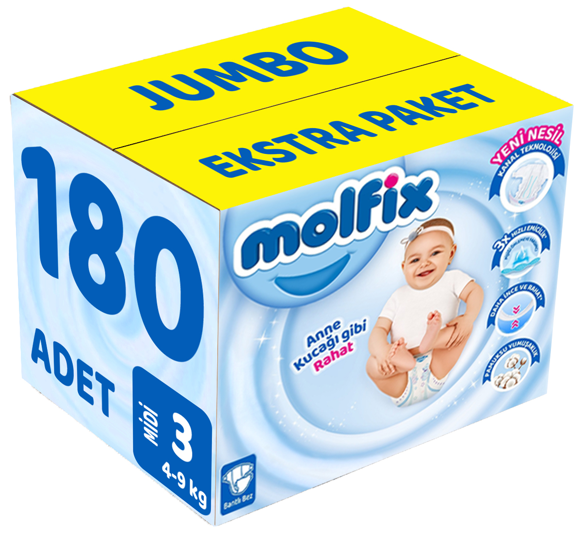 Molfix Bebek Bezi Beden:3 (4-9Kg) Midi 180 Adet Jumbo Ekstra Pk Molfix Bebek Bezi Beden:3 (4-9Kg) Midi 180 Adet Jumbo Ekstra Pk