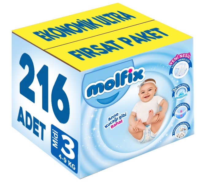 Molfix Bebek Bezi Beden:3 (4-9Kg) Midi 216 Adet Ekonomik Ultra Fırsat Pk Molfix Bebek Bezi Beden:3 (4-9Kg) Midi 216 Adet Ekonomik Ultra Fırsat Pk