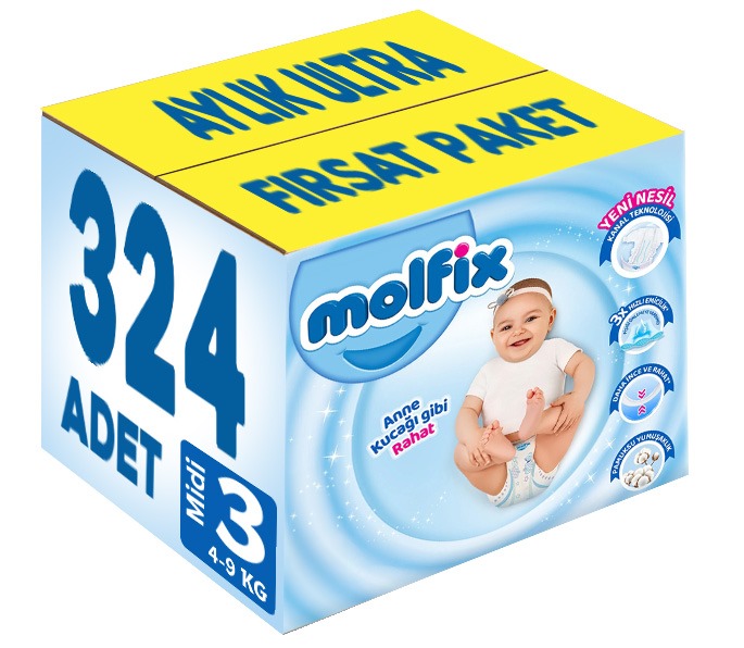 Molfix Bebek Bezi Beden:3 (4-9Kg) Midi 324 Adet Aylık Ultra Fırsat Pk Molfix Bebek Bezi Beden:3 (4-9Kg) Midi 324 Adet Aylık Ultra Fırsat Pk