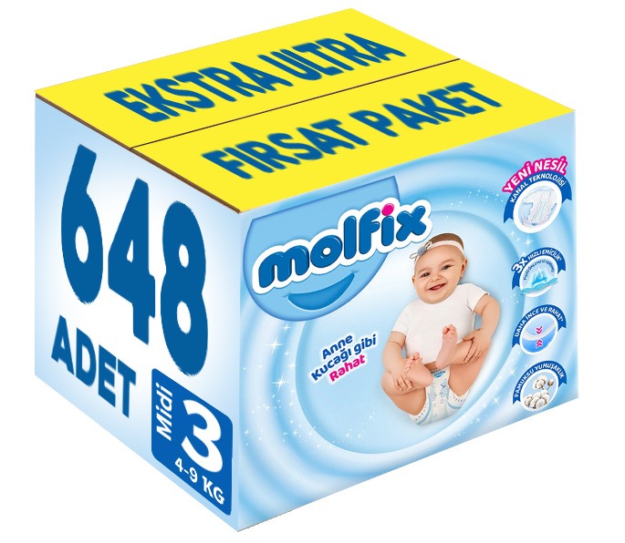 Molfix Bebek Bezi Beden:3 (4-9Kg) Midi 648 Adet Ekstra Ultra Fırsat Pk Molfix Bebek Bezi Beden:3 (4-9Kg) Midi 648 Adet Ekstra Ultra Fırsat Pk