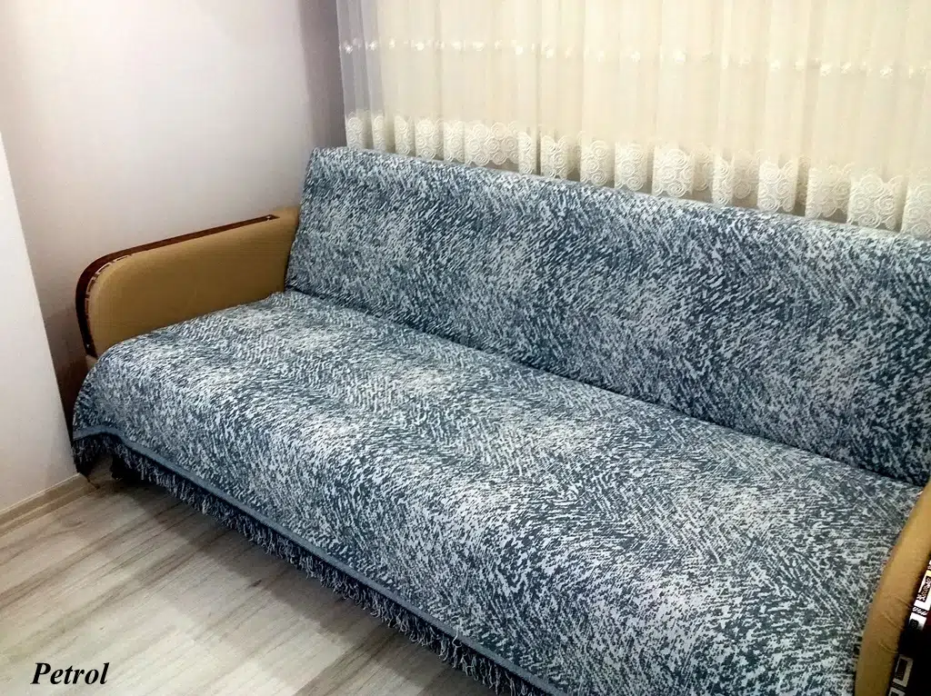 Pamuklu Kaymaz Ebruli Koltuk-Çekyat Örtüsü (13 RENK)-Petrol