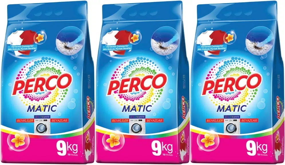Perco Matik Toz Çamaşır Deterjanı 27KG Beyazlar ve Renkliler Tüm Çamaşırlar (216 Yıkama) (3PK*9KG)