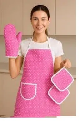 polo life 3 Parça Sıvı Geçirmez Mutfak Önlüğü pembe