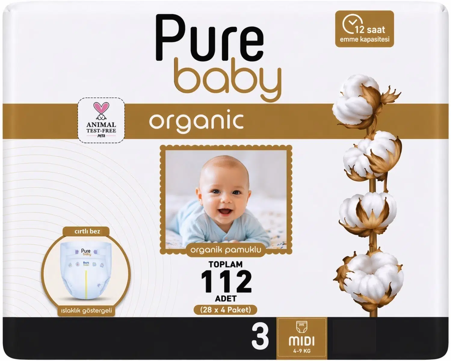 Pure Baby Bebek Bezi 3 Beden 4-10 KG Midi 112 Adet Avantaj Fırsat Pk
