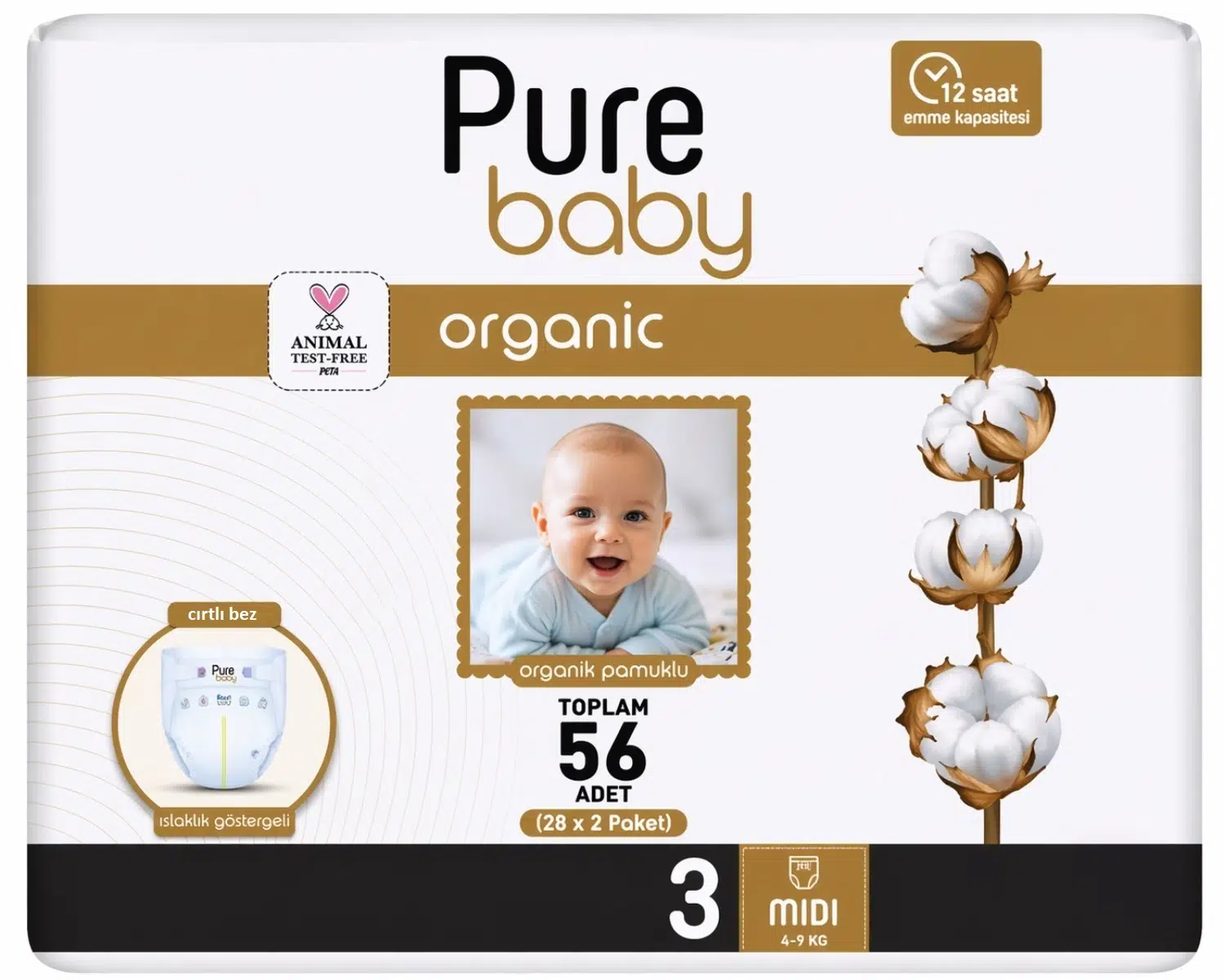 Pure Baby Bebek Bezi 3 Beden 4-10 KG Midi 56 Adet Ekonomik Fırsat Pk