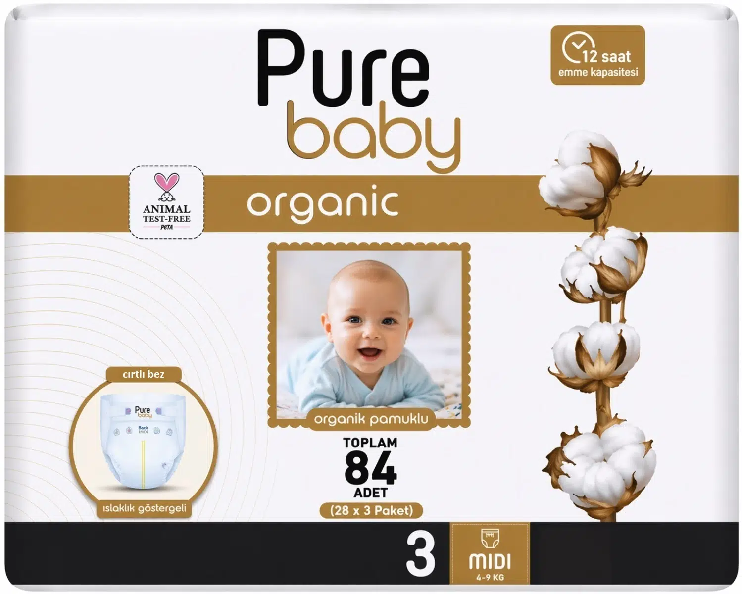 Pure Baby Bebek Bezi 3 Beden 4-10 KG Midi 84 Adet Aylık Fırsat Pk