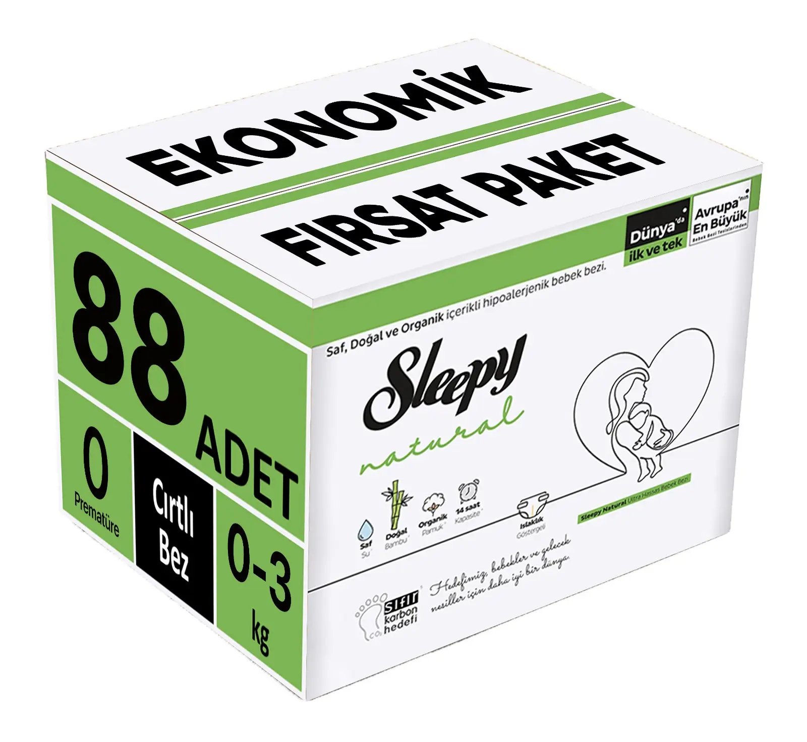 Sleepy Bebek Bezi Natural Beden:0 (0-3KG) Prematüre 88 Adet Ekonomik Fırsat Pk