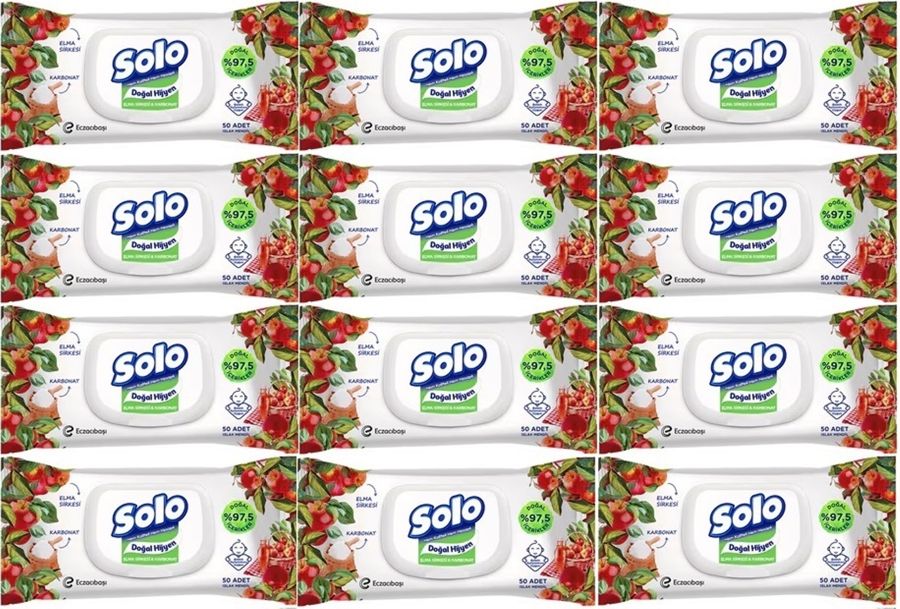 Solo Islak Havlu Mendil 50 Yaprak Elma Sirkesi & Karbonat (12 Li Set) (4PK*3) 600 Yaprak Solo Islak Havlu Mendil 50 Yaprak Elma Sirkesi & Karbonat (12 Li Set) (4PK*3) 600 Yaprak