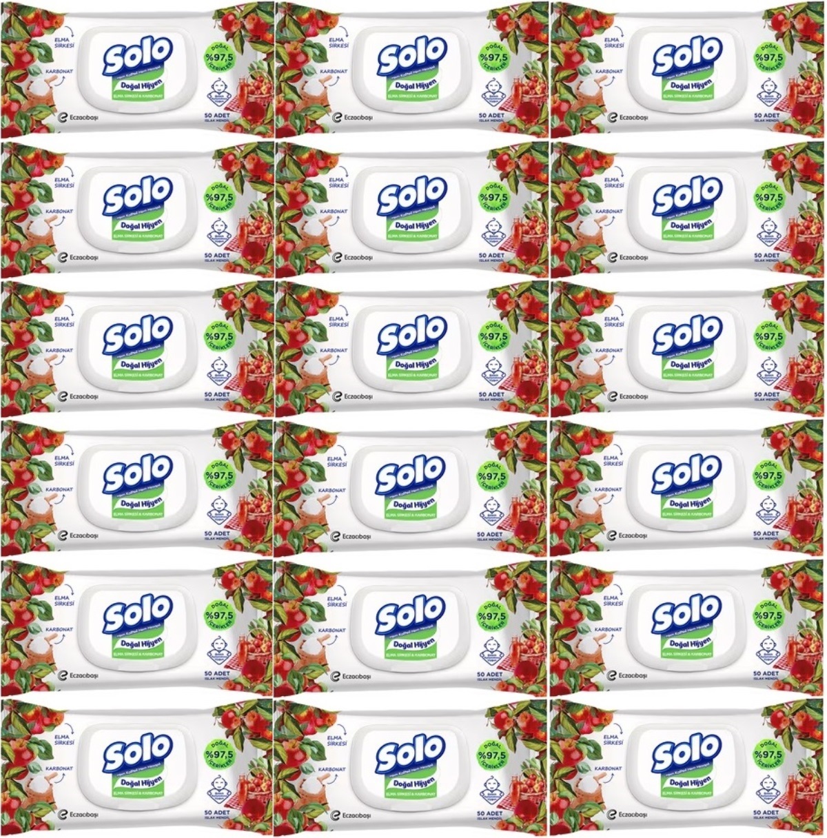 Solo Islak Havlu Mendil 50 Yaprak Elma Sirkesi & Karbonat (18 Li Set) (6PK*3) 900 Yaprak Solo Islak Havlu Mendil 50 Yaprak Elma Sirkesi & Karbonat (18 Li Set) (6PK*3) 900 Yaprak