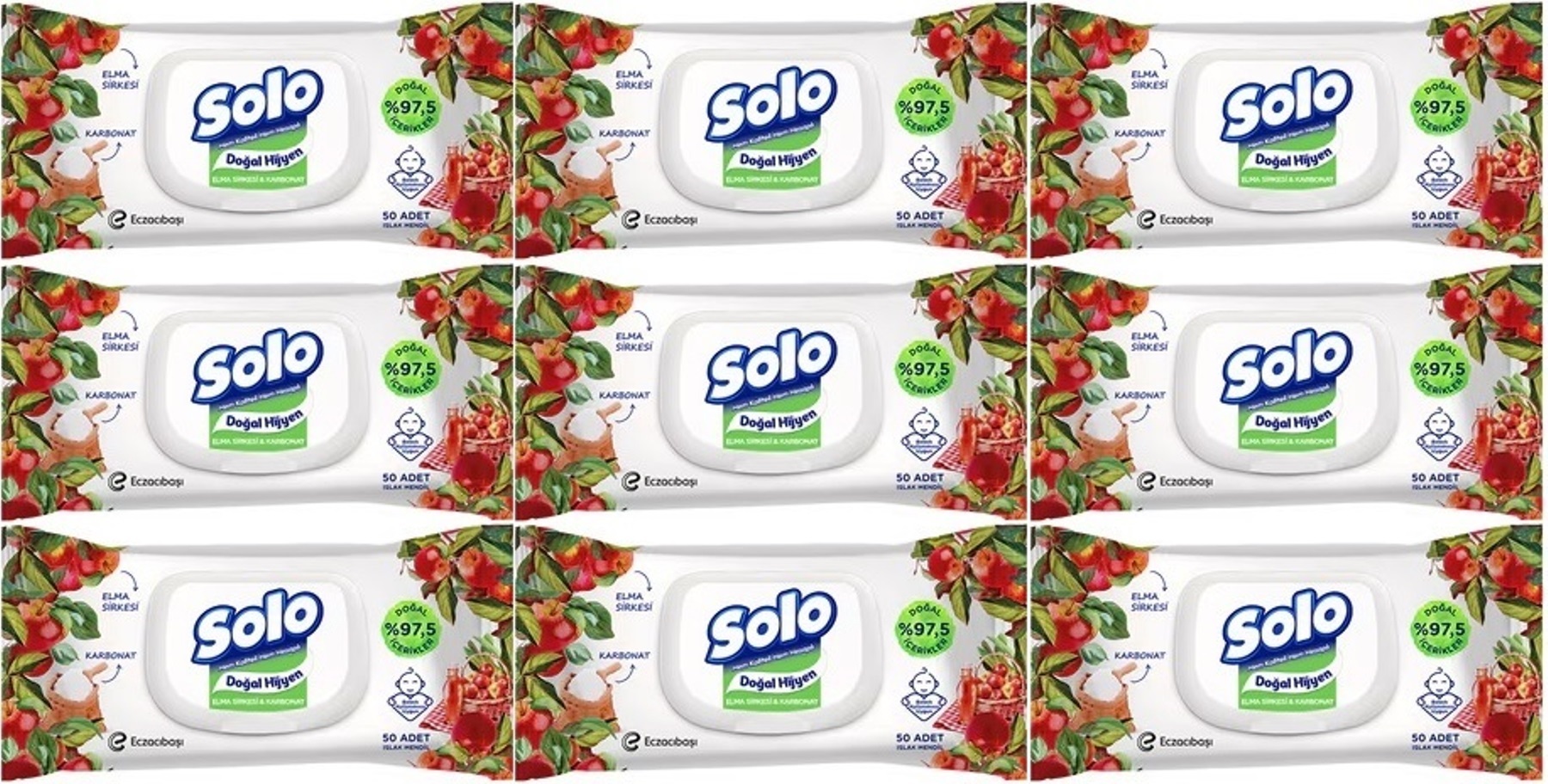 Solo Islak Havlu Mendil 50 Yaprak Elma Sirkesi & Karbonat (9 Lu Set) (3PK*3) 450 Yaprak Solo Islak Havlu Mendil 50 Yaprak Elma Sirkesi & Karbonat (9 Lu Set) (3PK*3) 450 Yaprak