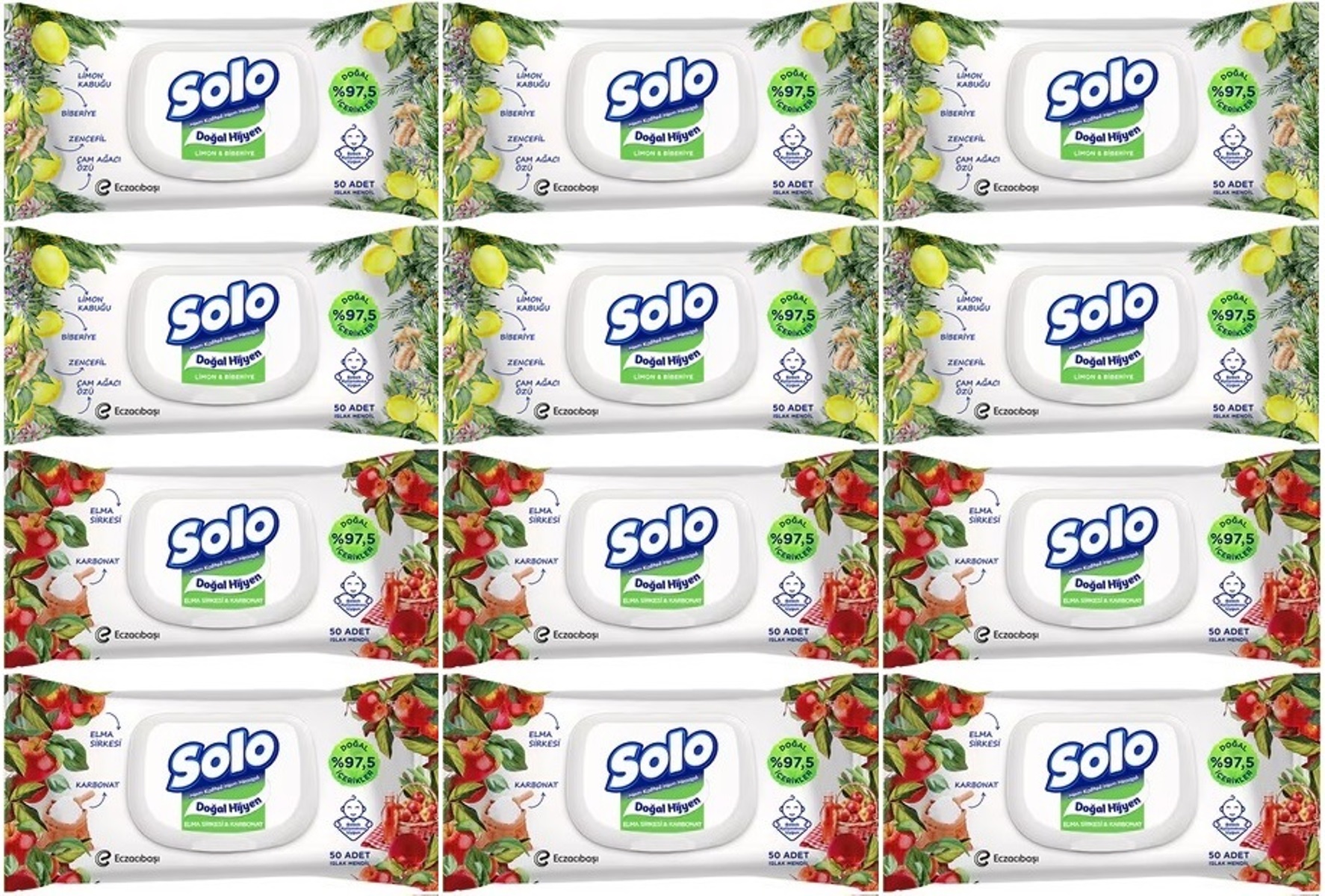 Solo Islak Havlu Mendil 50 Yaprak Limon & Biberiye-Elma Sirkesi & Karbonat (12 Li Karma Set) Solo Islak Havlu Mendil 50 Yaprak Limon & Biberiye-Elma Sirkesi & Karbonat (12 Li Karma Set)