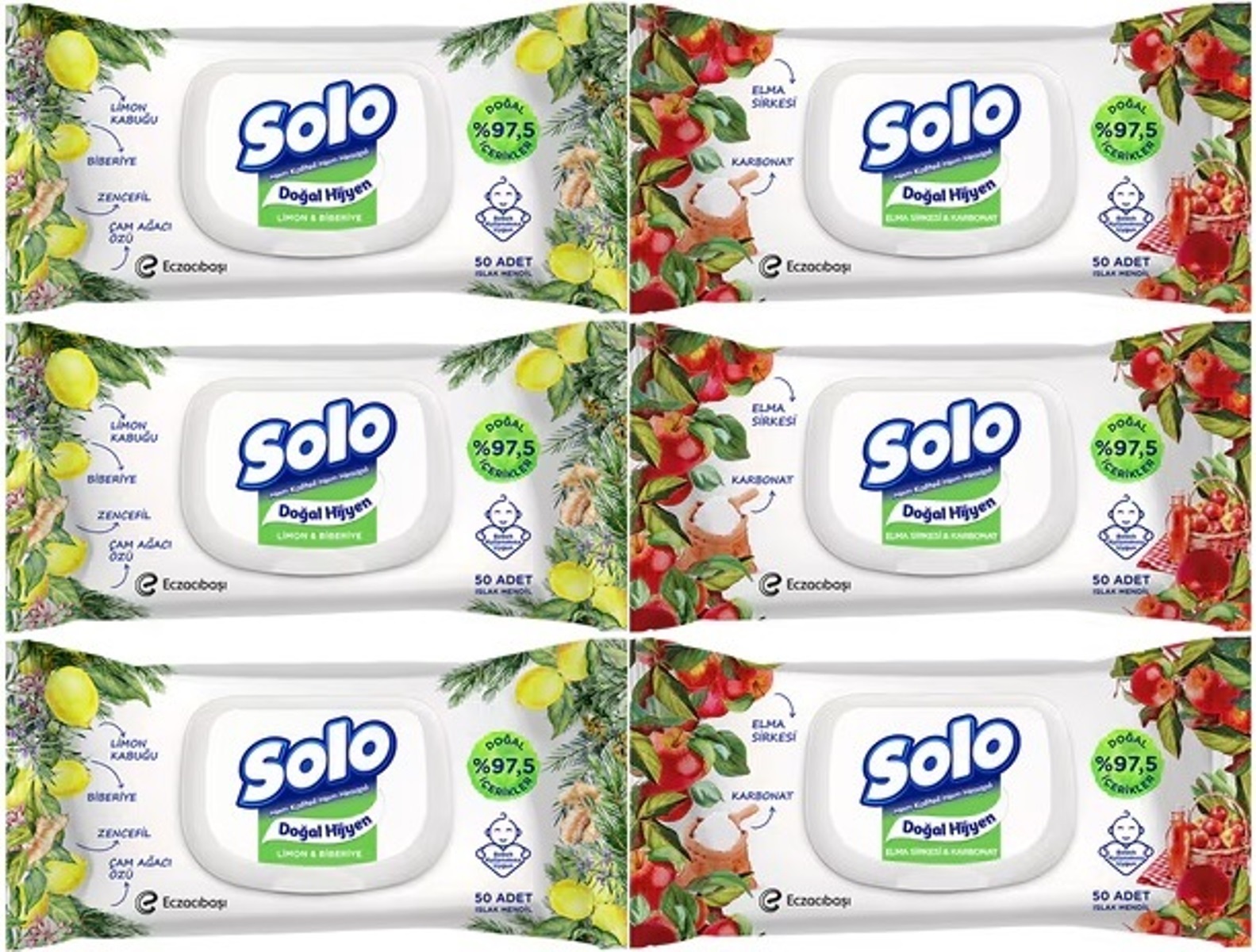 Solo Islak Havlu Mendil 50 Yaprak Limon & Biberiye-Elma Sirkesi & Karbonat (6 Lı Karma Set) Solo Islak Havlu Mendil 50 Yaprak Limon & Biberiye-Elma Sirkesi & Karbonat (6 Lı Karma Set)