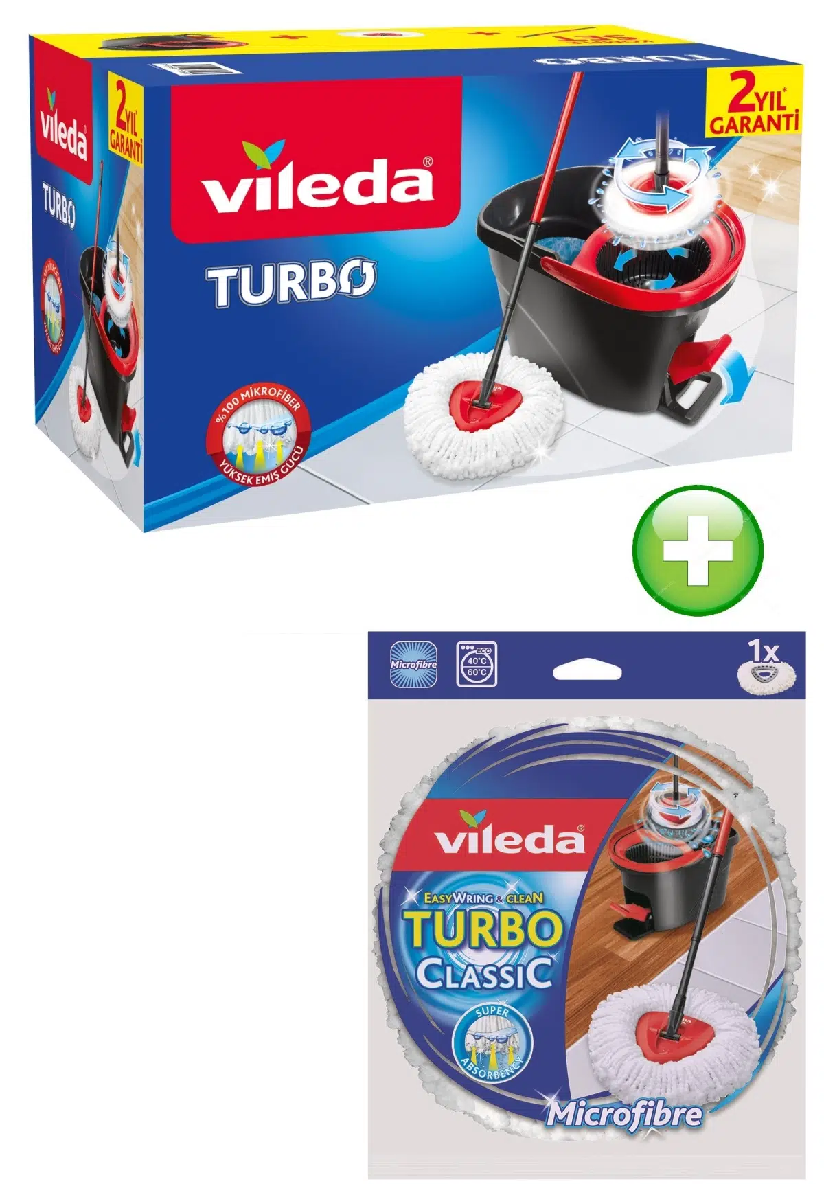 Vileda Turbo Pedallı Temizlik Seti (Komple Set)+Vileda Turbo Yedek Mop Paspas Ucu (%100 Mikrofiber)
